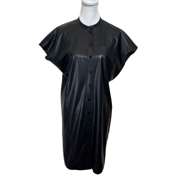 Theory Faux Leather Shift Dress Button Front Black Knee Length Women’s Size P - Picture 2 of 12